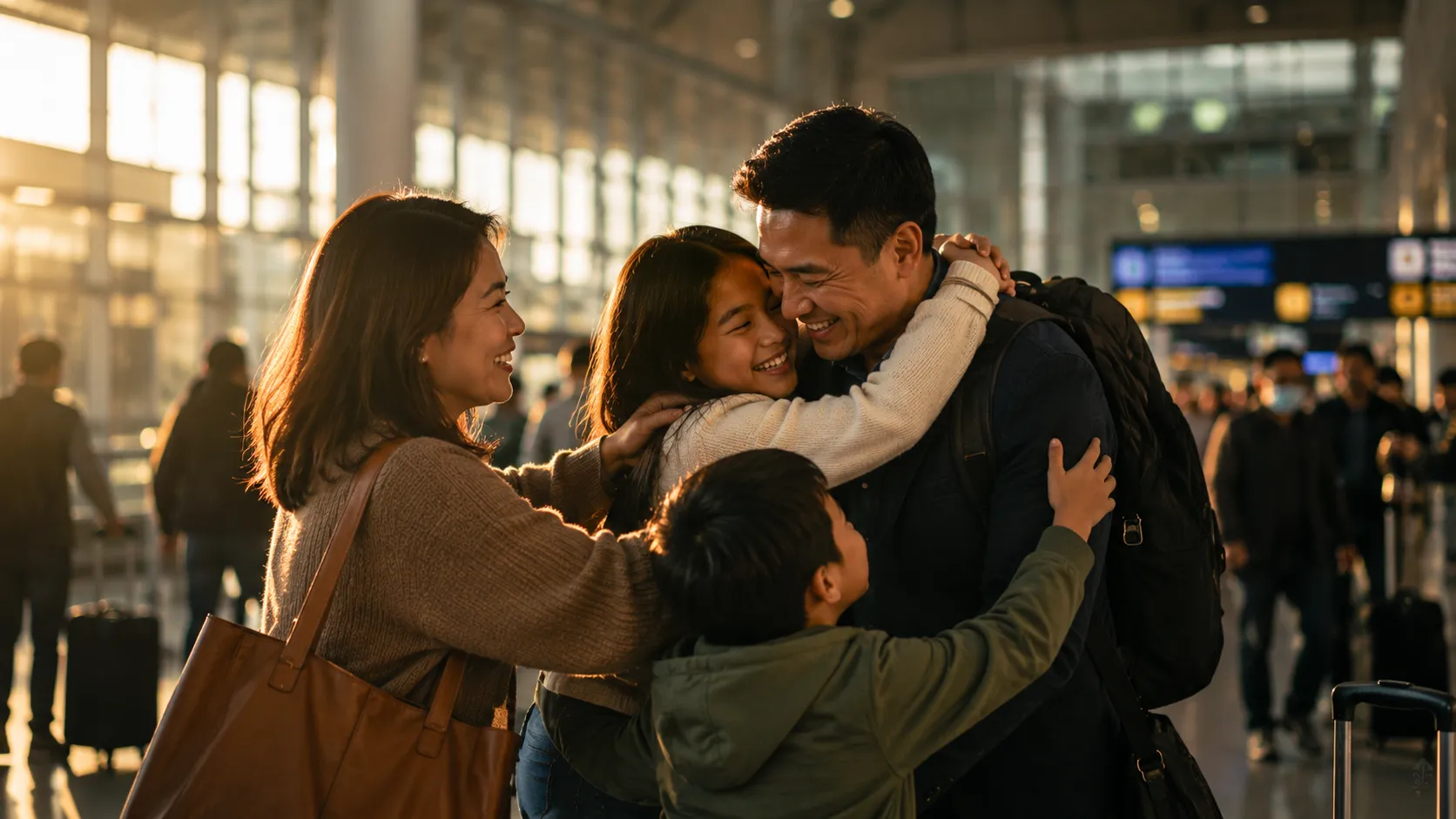 A Filipino professional warmly greeted by family at an airport arrivals hall