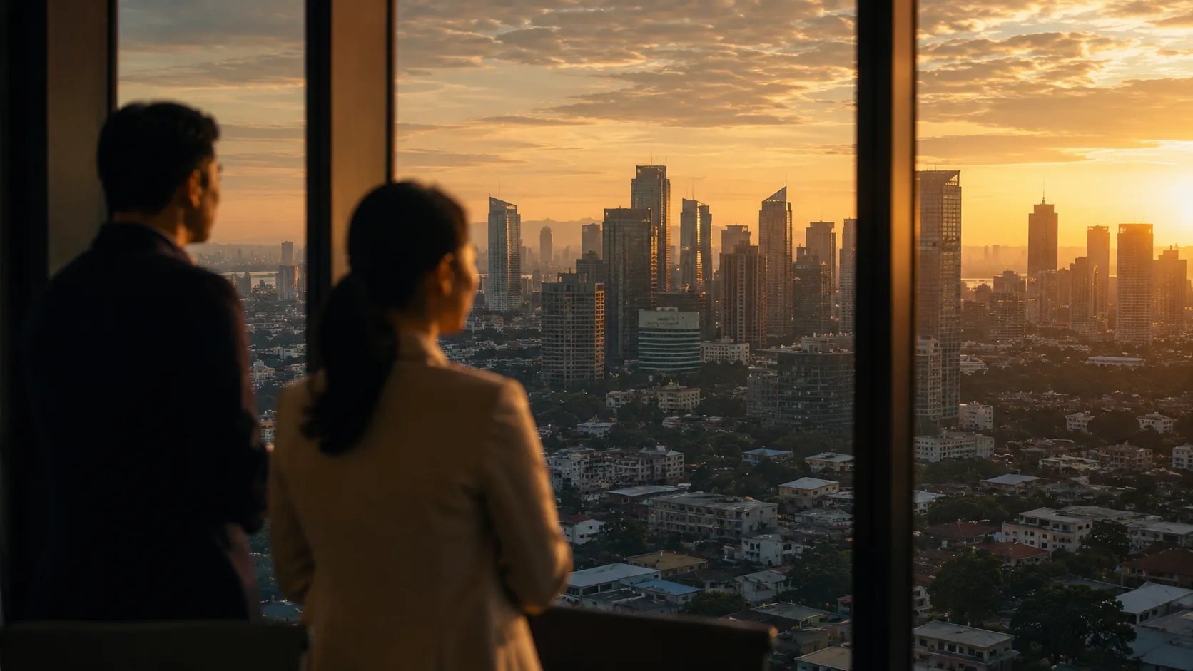 Manila financial district skyline at golden hour, viewed from a high tower floor